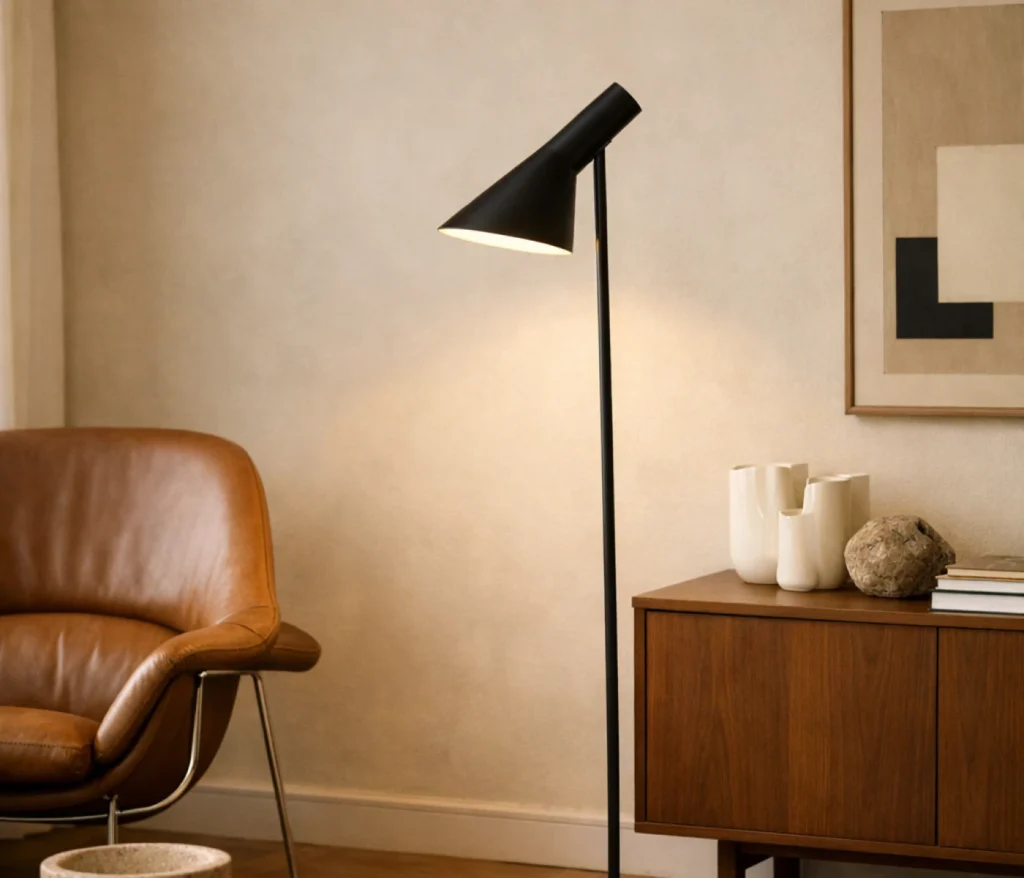 Louis Poulsen AJ Stehleuchte schwarzer Designklassiker von Arne Jacobsen im Wohnzimmer