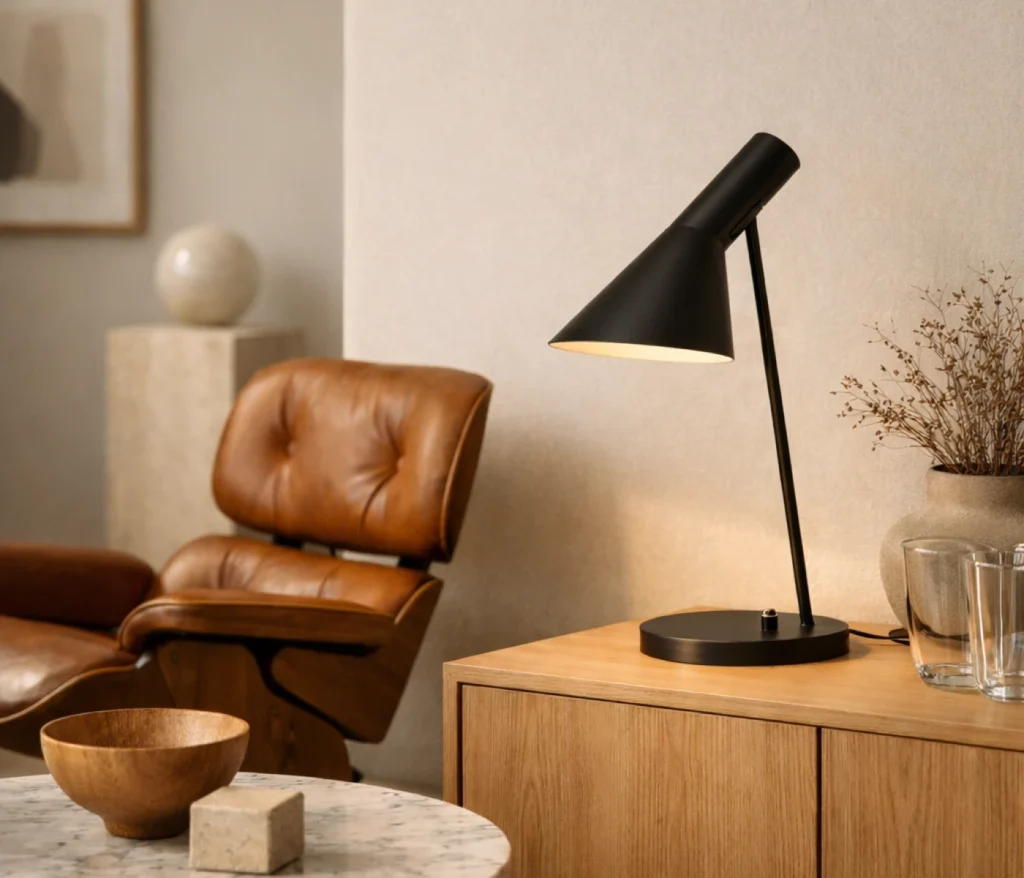 Louis Poulsen AJ Tischleuchte schwarze Designklassiker Tischlampe im Wohnzimmer