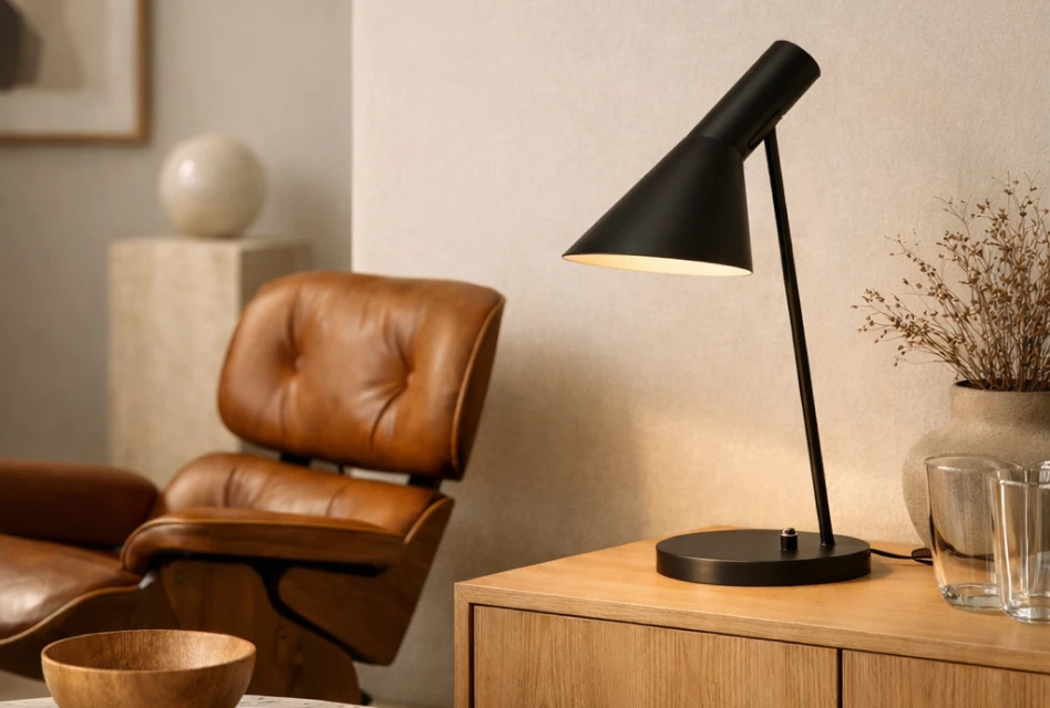 Louis Poulsen AJ Tischleuchte schwarze Designklassiker Tischlampe im Wohnzimmer