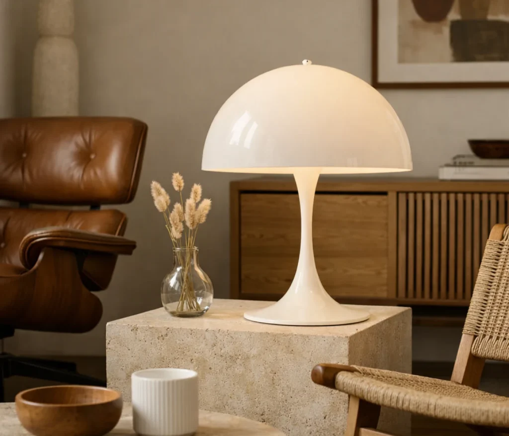 Louis Poulsen Panthella Tischleuchte von Verner Panton auf einem Beistelltisch im Wohnzimmer