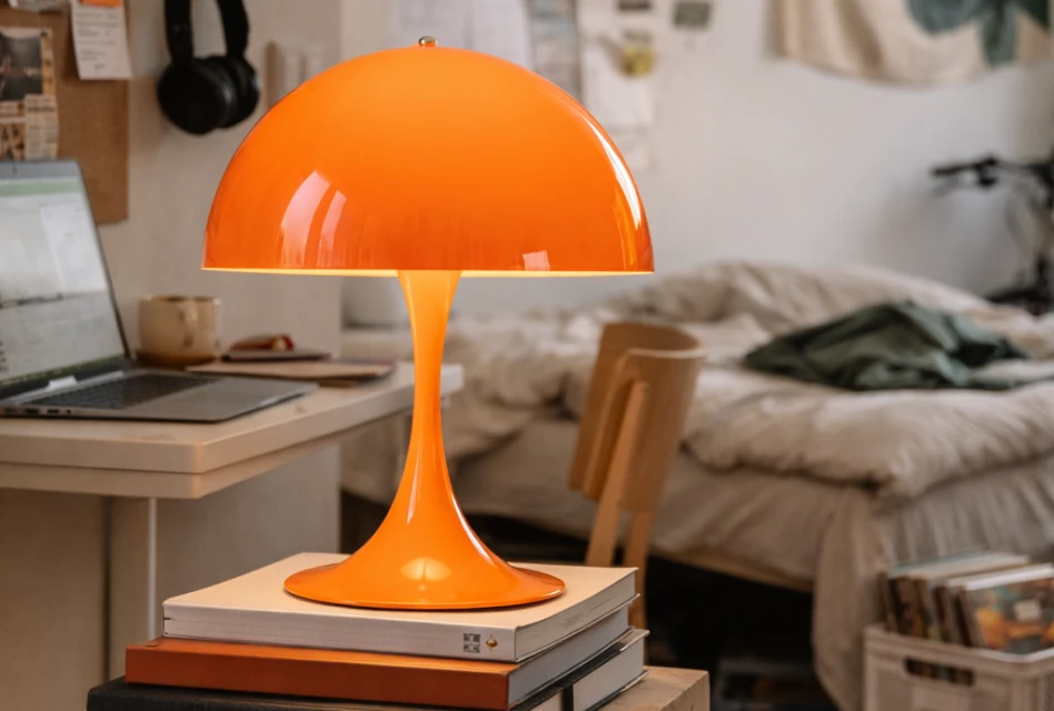 Louis Poulsen Panthella Tischleuchte von Verner Panton in orange auf Schreibtisch