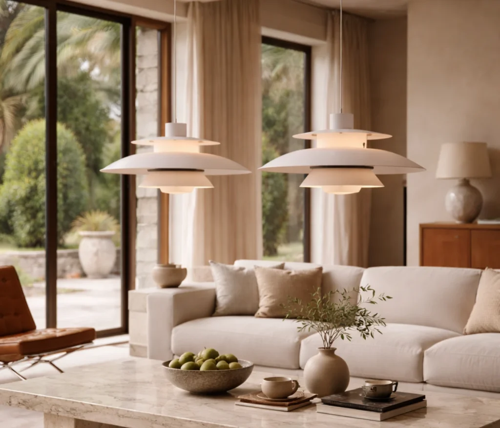Zwei Louis Poulsen PH 5 Pendelleuchten von Poul Henningsen über Sofa im skandinavischen Wohnzimmer