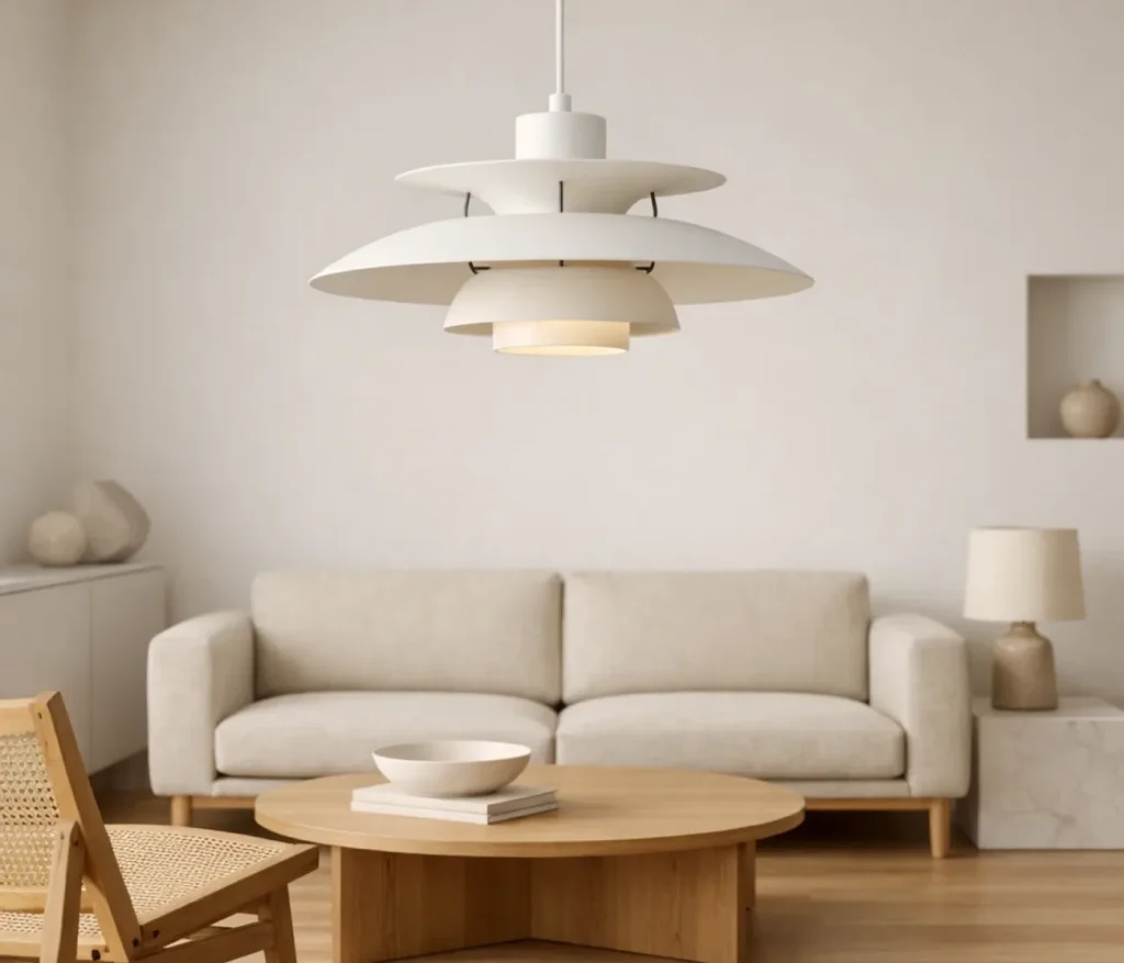 PH 5 Pendelleuchte von Poul Henningsen über Couchtisch im Wohnzimmer