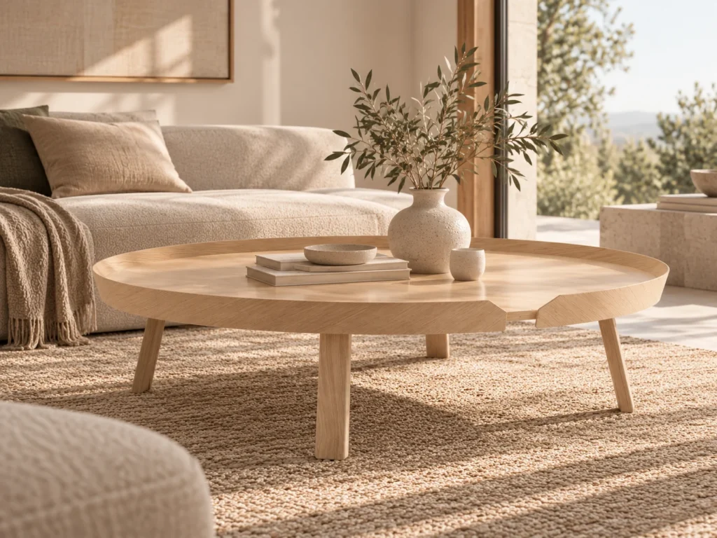 Muuto Around Coffee Table extra groß in Eiche vor einem hellen Sofa im offenen Wohnraum