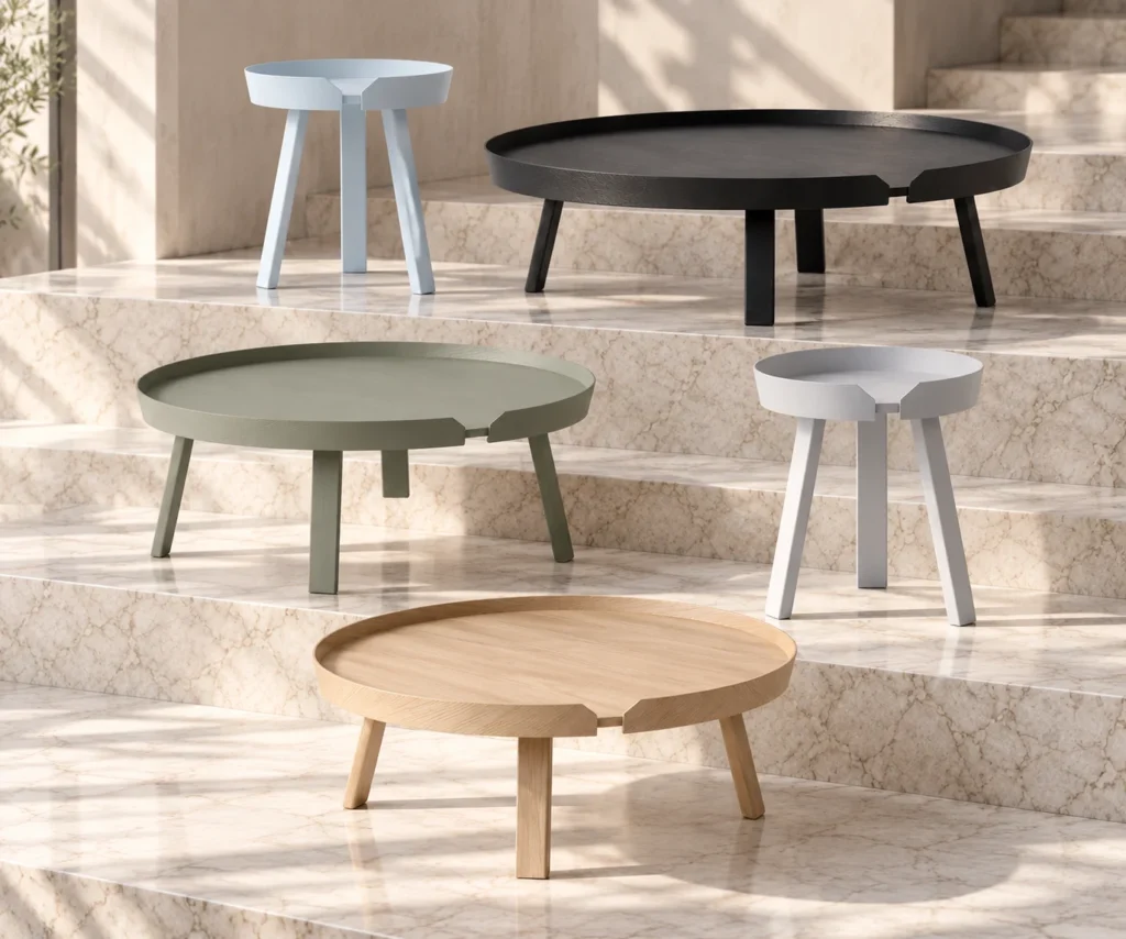 Muuto Around Coffee Table in fünf Ausführungen: Hellblau, Schwarz, Graugrün, Hellgrau und Eiche