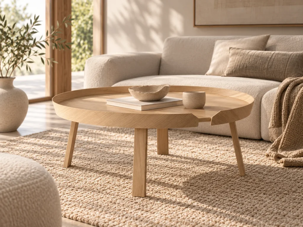 Muuto Around Coffee Table groß in Eiche als Couchtisch vor einem hellen Sofa