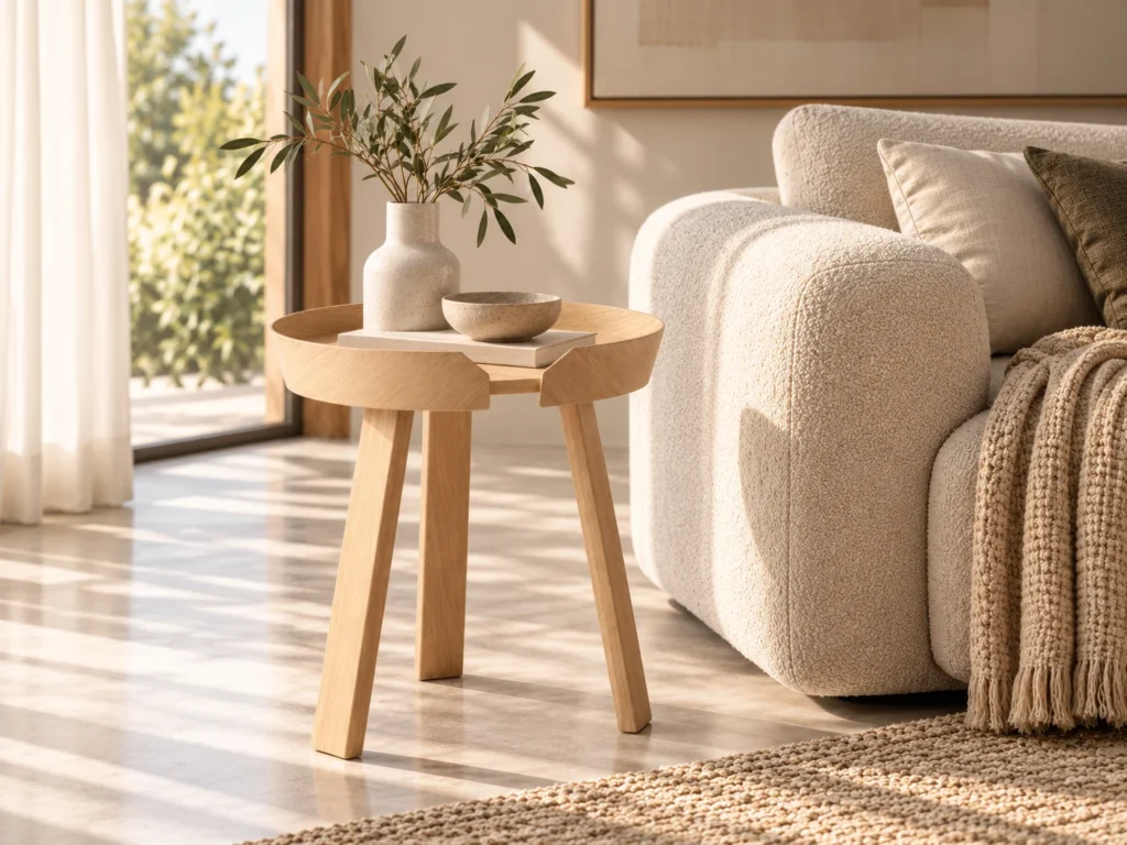 Muuto Around Coffee Table klein in Eiche als Beistelltisch neben einem hellen Sofa