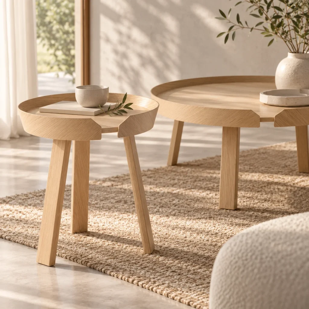 Muuto Around Coffee Table klein und groß in Eiche auf einem Juteteppich, Detail der erhöhten Kante mit Aussparung