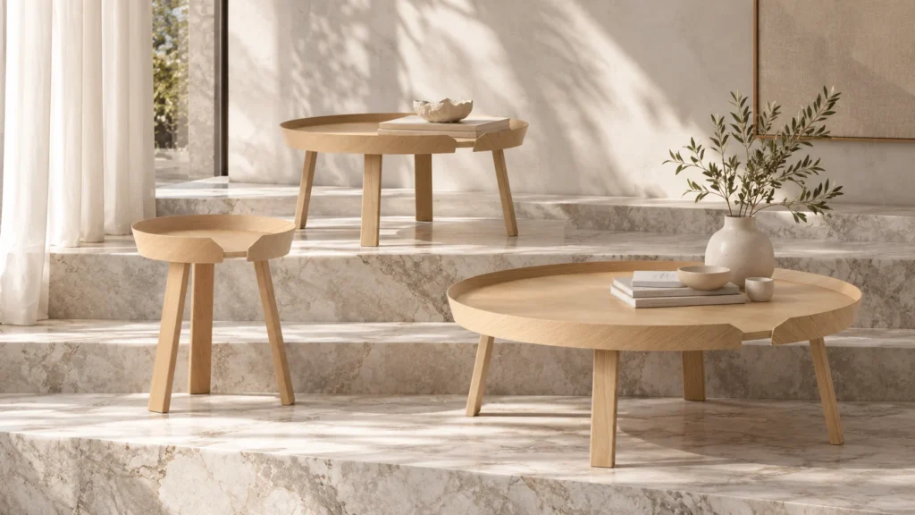 Muuto Around Coffee Table in drei Größen aus Eiche: klein, groß und extra groß auf Steinstufen
