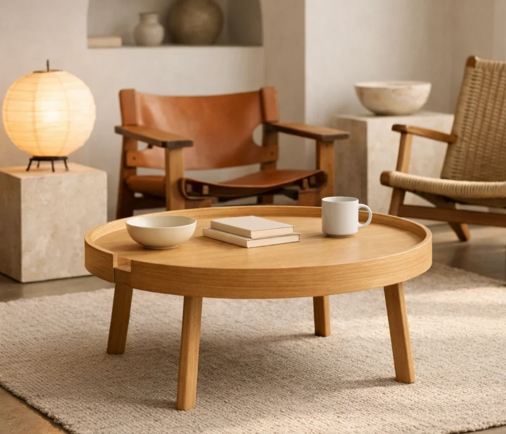 Muuto Around Coffee Table runder Couchtisch aus Holz im skandinavischen Wohnzimmer