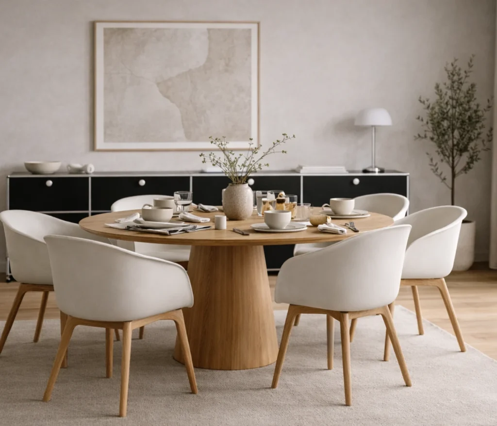 Muuto Fiber Chair Esszimmerstühle im skandinavischen Esszimmer an rundem Holztisch