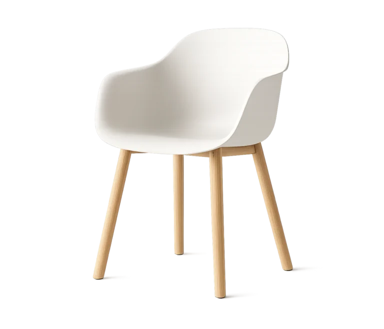 Muuto Fiber Chair Armlehnstuhl mit weißer Sitzschale auf Eichenbeinen, Design von Iskos-Berlin