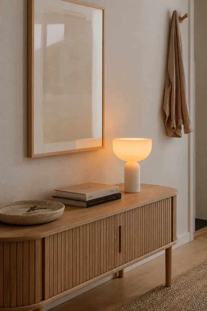 New Works Kizu Portable mit Marmorfuß auf einem Sideboard im Flur