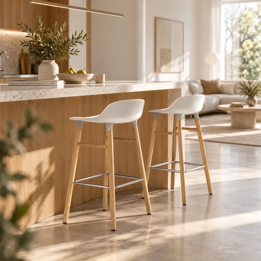 Zwei Normann Copenhagen Form Barhocker in Weiß mit Eichenbeinen an einer Küchentheke aus Eiche und hellem Stein