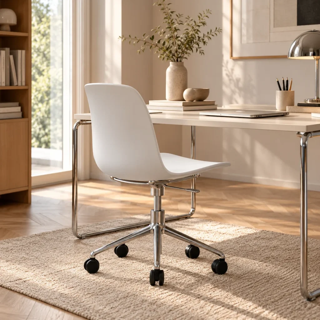 Normann Copenhagen Form Bürostuhl drehbar in Weiß mit Aluminiumfuß und Rollen an einem Schreibtisch im Homeoffice