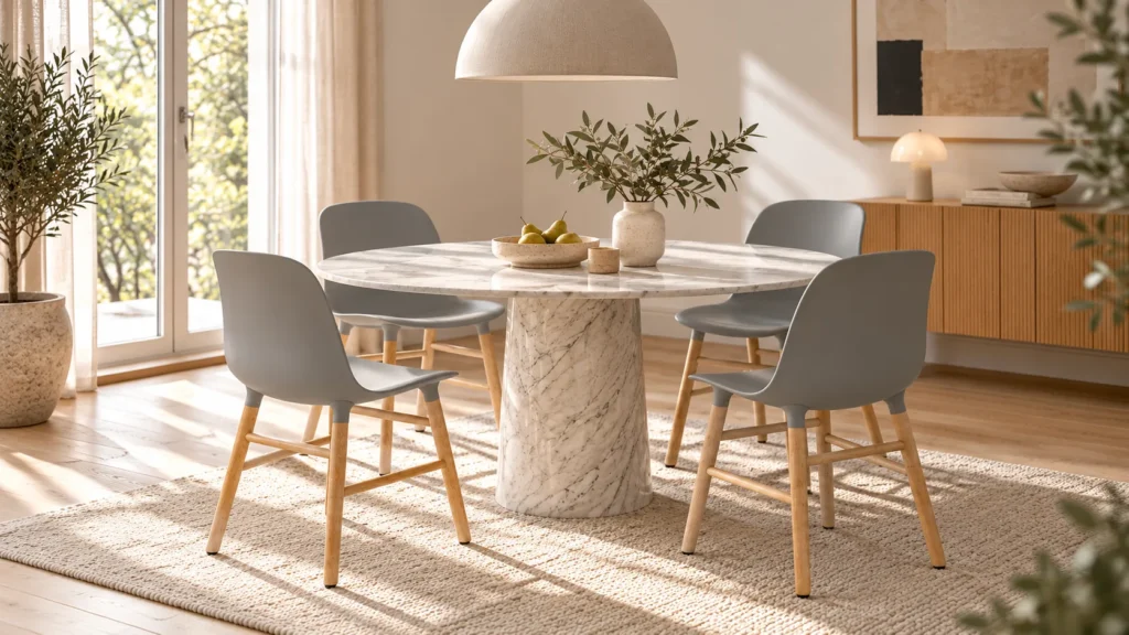 Vier Normann Copenhagen Form Chairs in Grau mit Eichenbeinen an einem runden Marmortisch im hellen Esszimmer