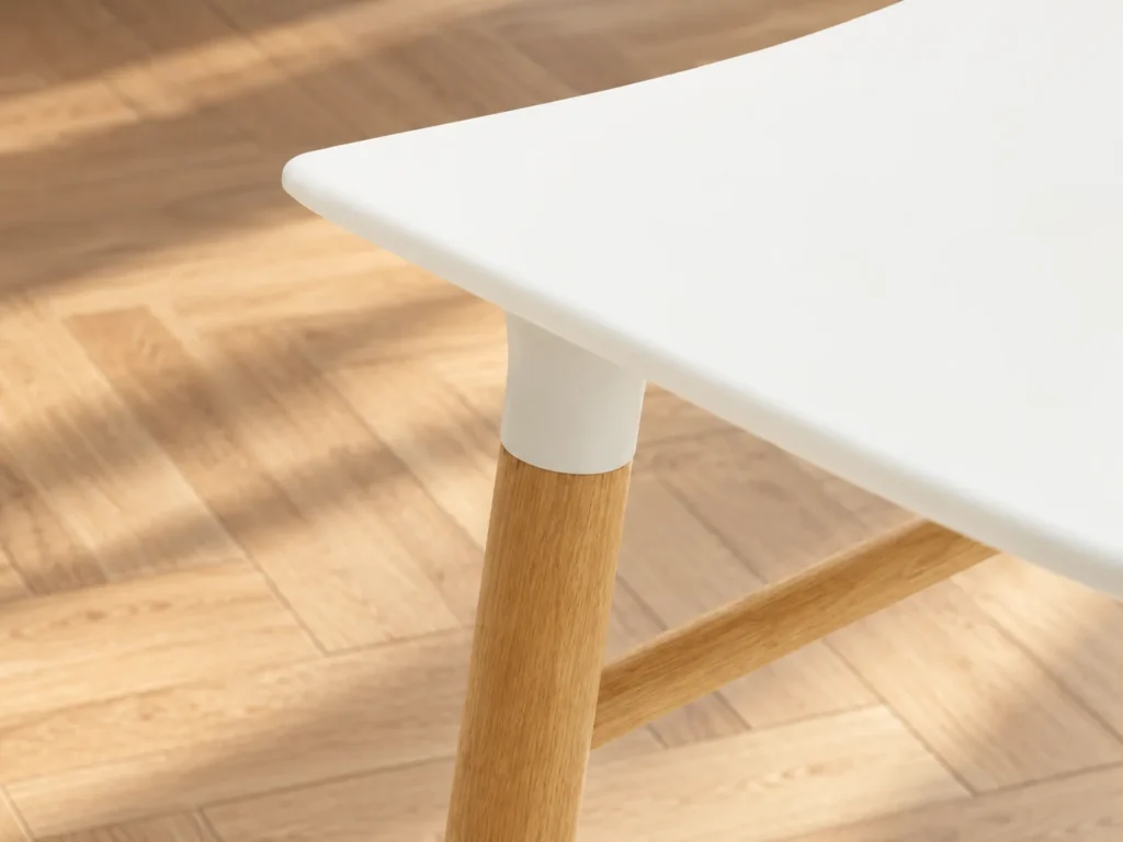 Detail der Steckverbindung am Normann Copenhagen Form: weiße Sitzschale aus Polypropylen auf einem Bein aus Eiche