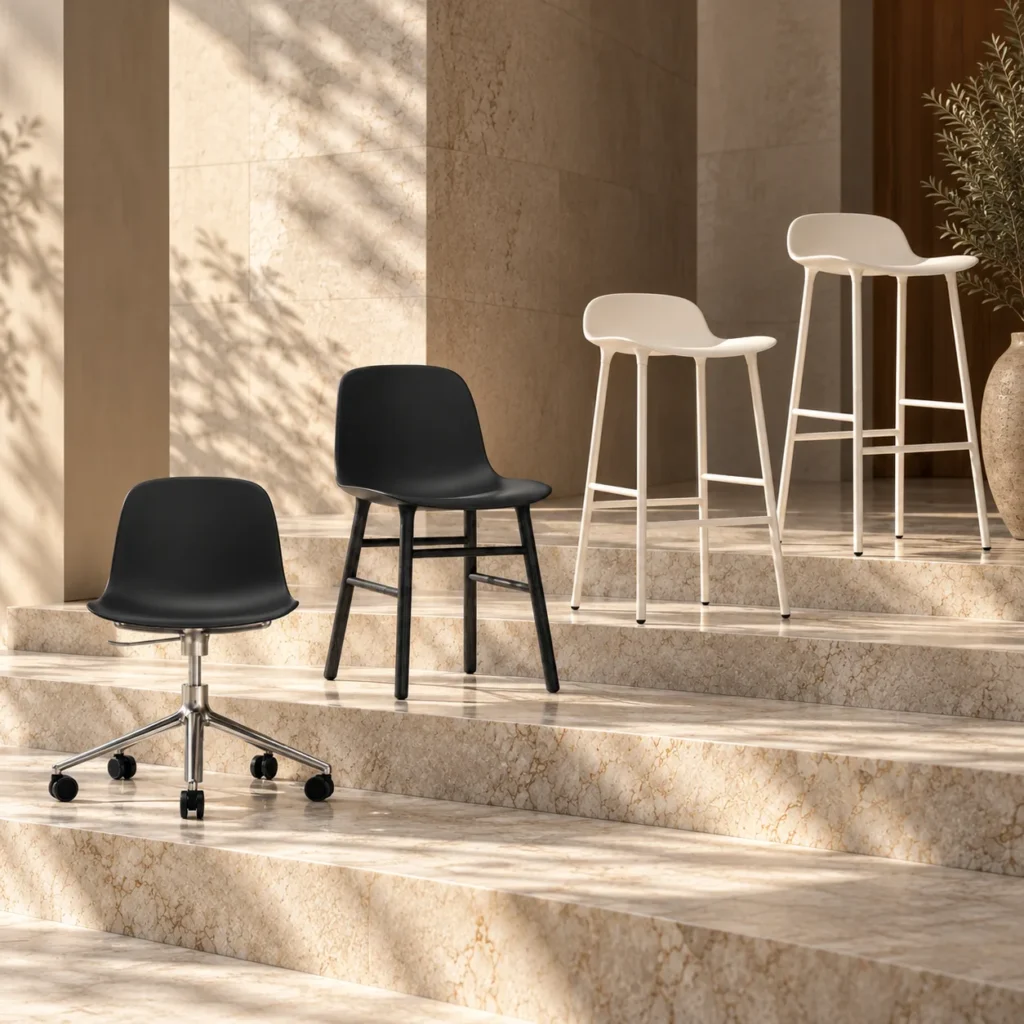 Vier Modelle der Normann Copenhagen Form Serie auf einer Marmortreppe: Bürostuhl, Form Chair und zwei Barhocker