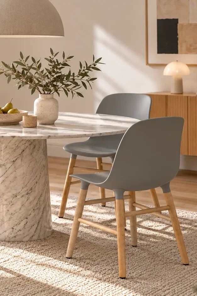 Zwei Normann Copenhagen Form Chairs in Grau mit Eichenbeinen an einem runden Marmortisch