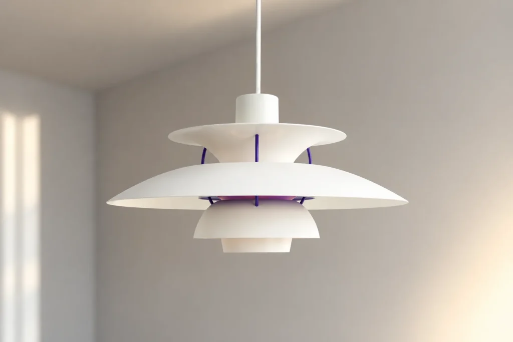 Louis Poulsen PH5 Classic White mit violetten Streben, hängend im Raum