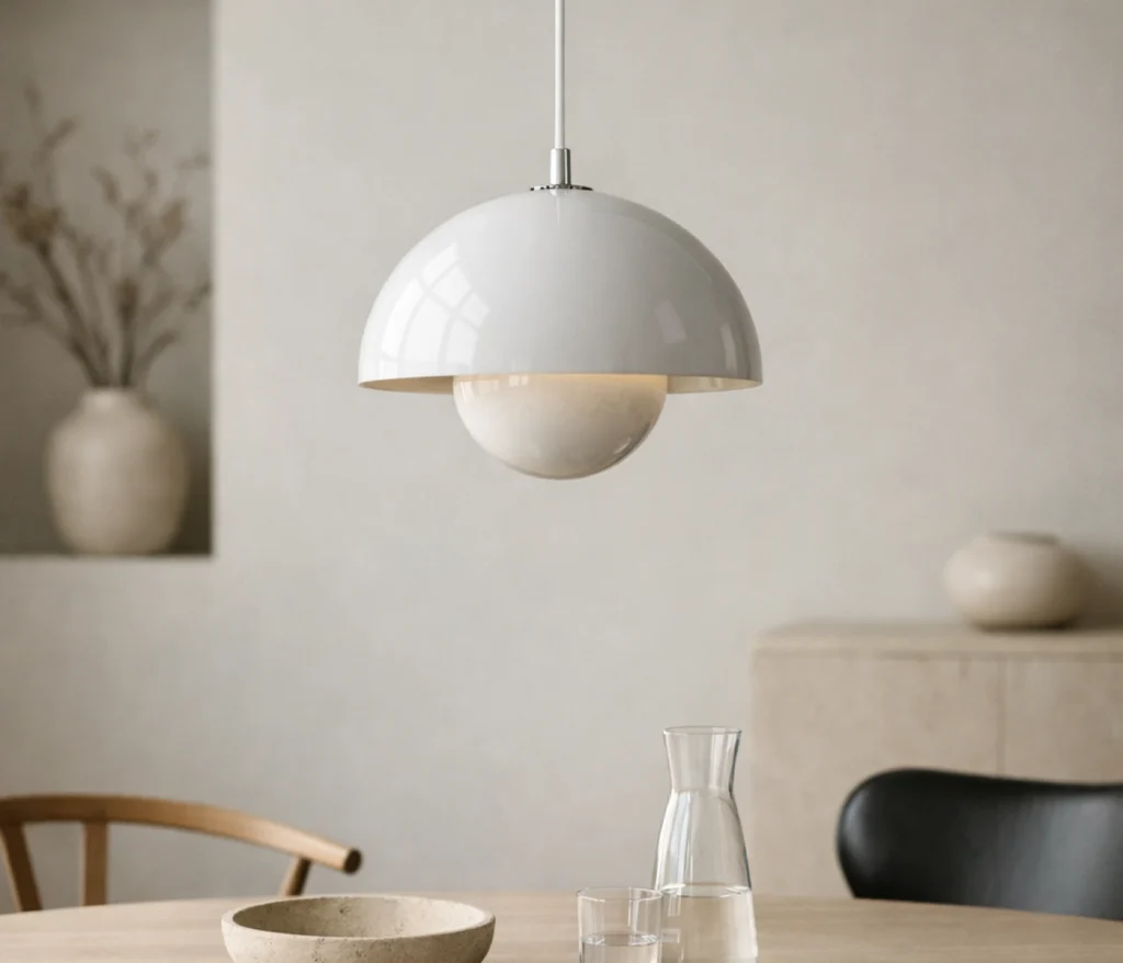Flowerpot Pendelleuchte von Verner Panton über Esstisch im skandinavischen Design