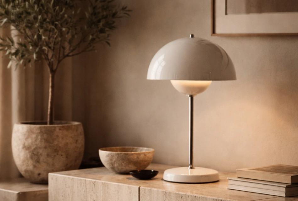 Flowerpot VP3 Tischleuchte von Verner Panton auf Sideboard im skandinavischen Wohnzimmer