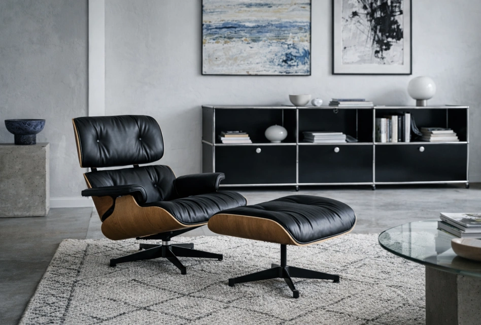 Eames Lounge Chair mit Ottoman von Charles und Ray Eames im Wohnzimmer