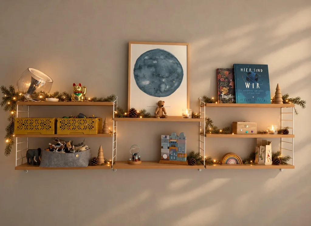 Drei String Pocket Regale mit weißen Leitern im Kinderzimmer, weihnachtlich dekoriert mit Tannenzweigen und Lichterkette