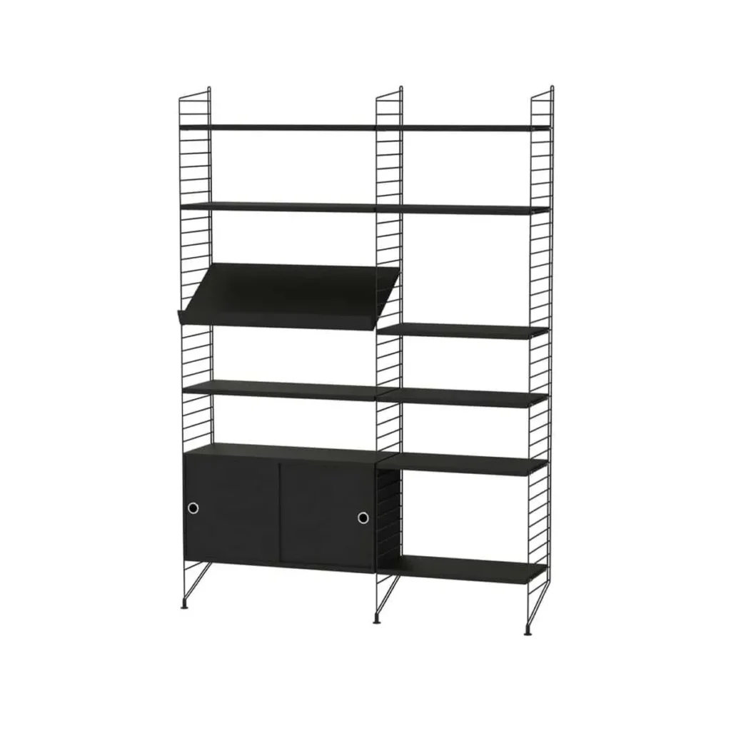 String Regal Kombination in Schwarz mit Schrank und Zeitschriftenboden