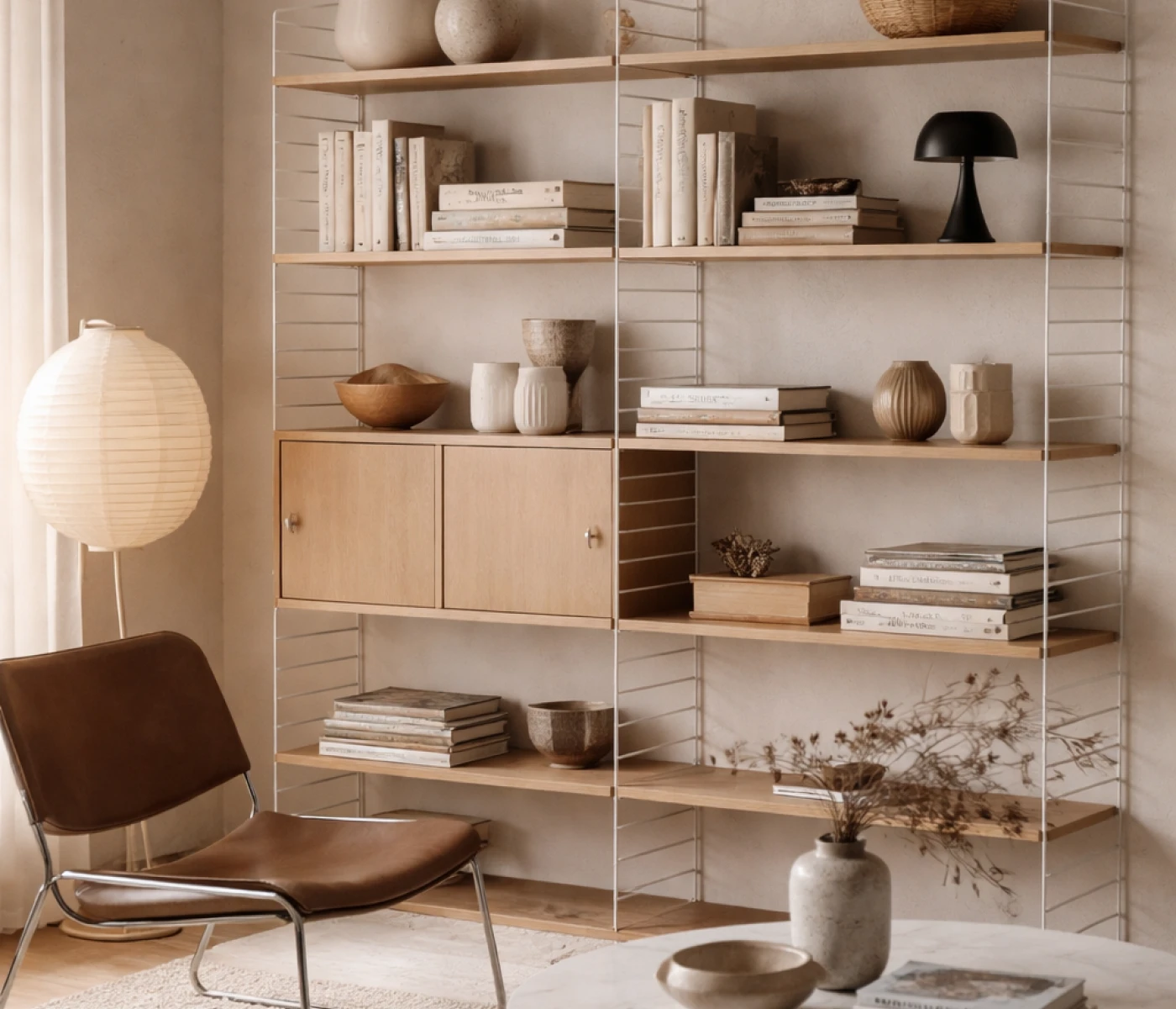 String Regal von String Furniture als skandinavisches Regalsystem im Wohnzimmer mit Holzregalböden und Sideboard Element