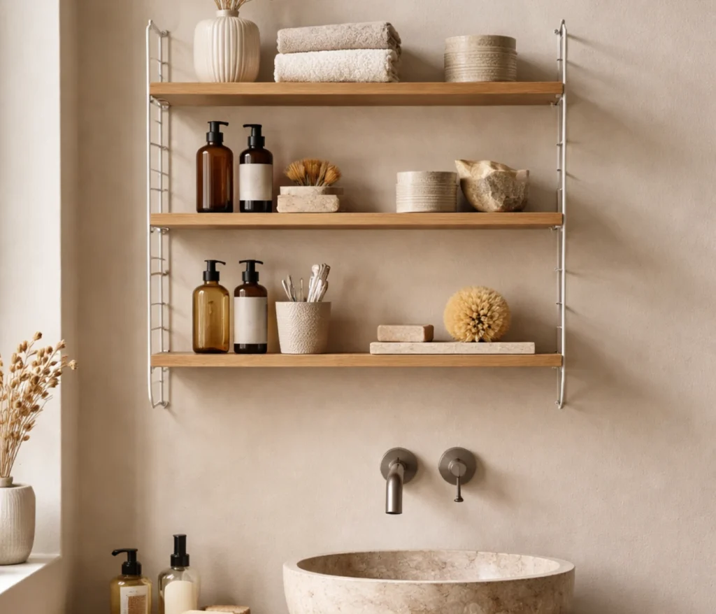 String Regal von String Furniture als Wandregal im skandinavischen Badezimmer mit Holzregalböden und Pflegeprodukten
