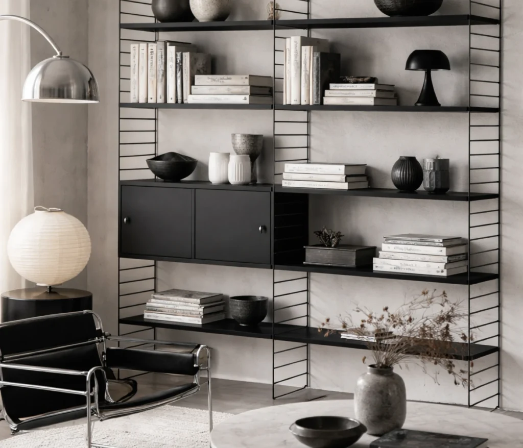 Schwarzes String Regal von String Furniture als skandinavisches Regalsystem im Wohnzimmer mit Büchern und Designobjekten
