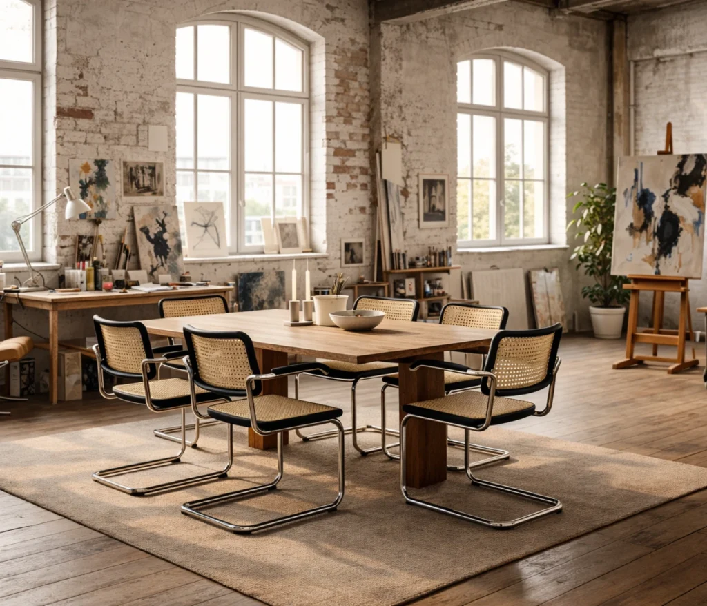 Thonet Freischwinger S 64 Stühle von Marcel Breuer mit Wiener Geflecht an großem Holztisch