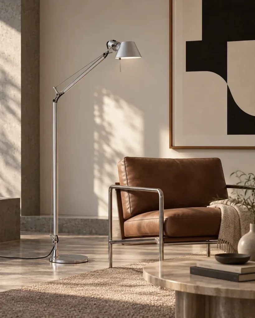 Artemide Tolomeo Lettura Stehleuchte in Aluminium neben einem Ledersessel mit Stahlrohrgestell