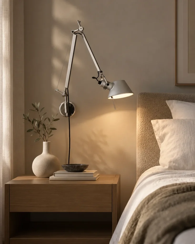 Artemide Tolomeo Micro Parete Wandleuchte in Aluminium über einem Nachttisch aus Holz neben dem Bett