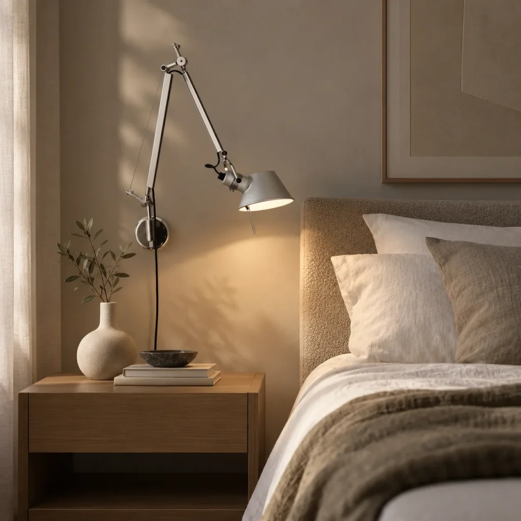 Artemide Tolomeo Micro Parete Wandleuchte in Aluminium über einem Nachttisch aus Holz neben dem Bett