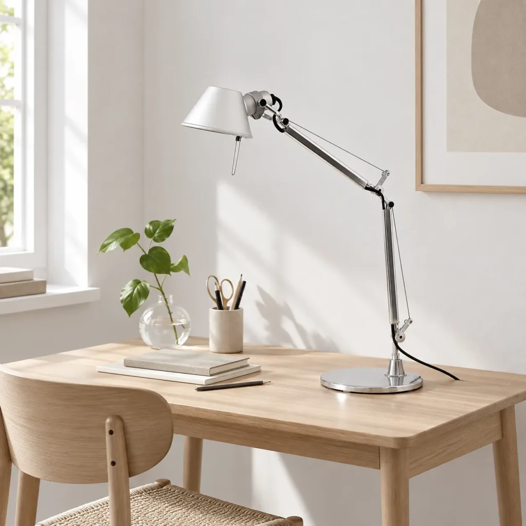 Artemide Tolomeo Micro in Aluminium auf einem kleinen Schreibtisch aus hellem Holz, daneben eine Pflanze in einer Glasvase