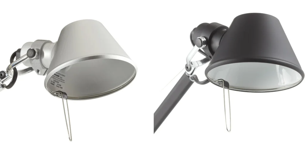 Schirm der Artemide Tolomeo von unten im Vergleich: links matt in Aluminium, rechts in Schwarz, innen jeweils hell