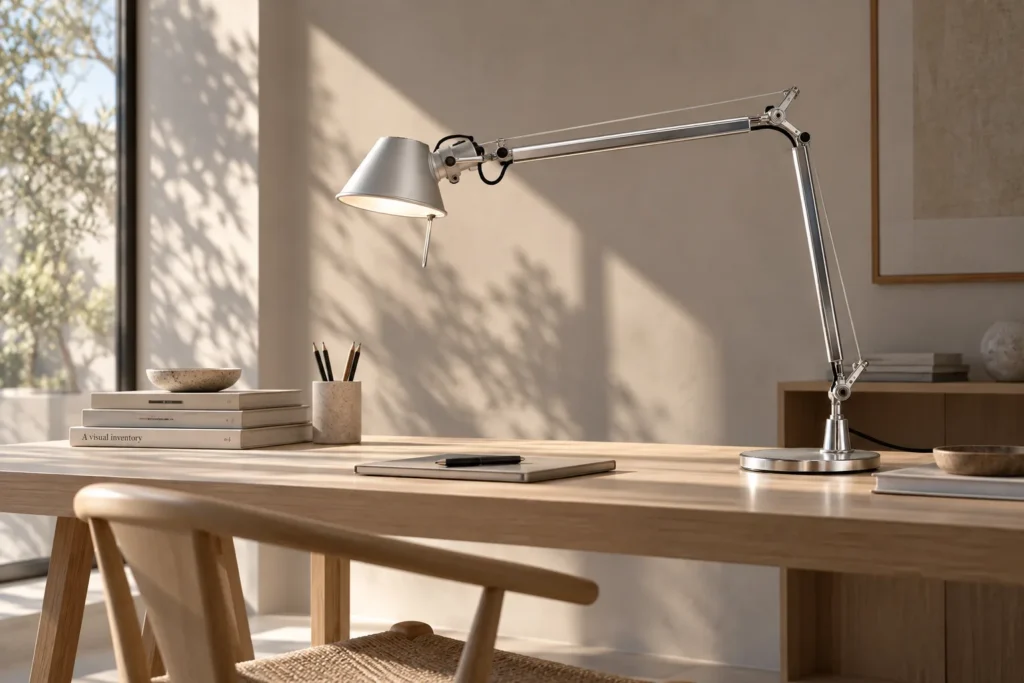 Artemide Tolomeo Tavolo in Aluminium auf einem Schreibtisch aus Eiche, davor ein Holzstuhl mit geflochtenem Sitz