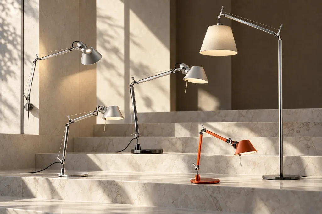 Mehrere Artemide Tolomeo Leuchten auf hellen Marmorstufen: Wandleuchte, Tischleuchten in Aluminium, eine orange Micro und eine Stehleuchte mit Stoffschirm