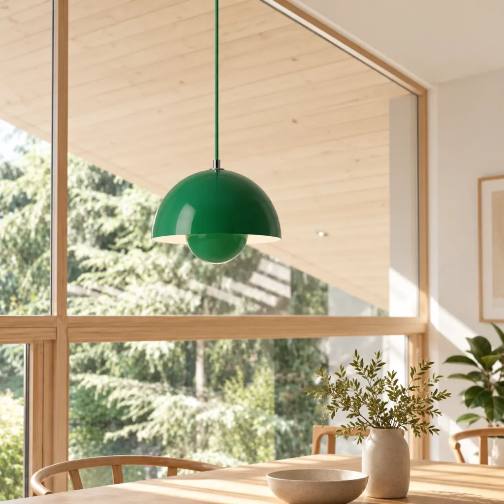 &Tradition Flowerpot VP1 Pendelleuchte in Signal green über einem Esstisch aus Holz vor großen Fenstern