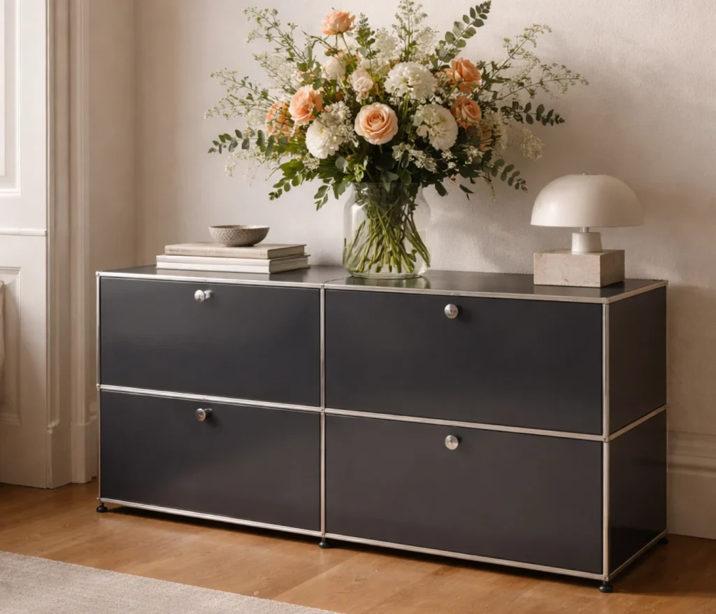 USM Haller Sideboard Designklassiker im Wohnzimmer mit dekorativer Tischleuchte und Blumen