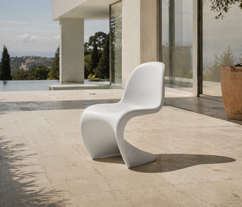 Weißer Panton Chair auf moderner Terrasse mit minimalistischer Architektur und Pool