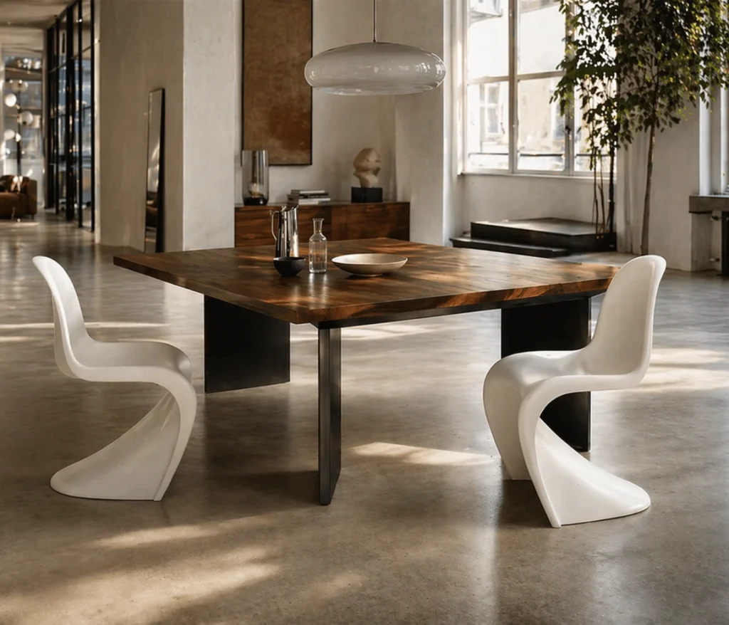 Weiße Panton Chairs am Holztisch im modernen Essbereich, Designklassiker von Verner Panton