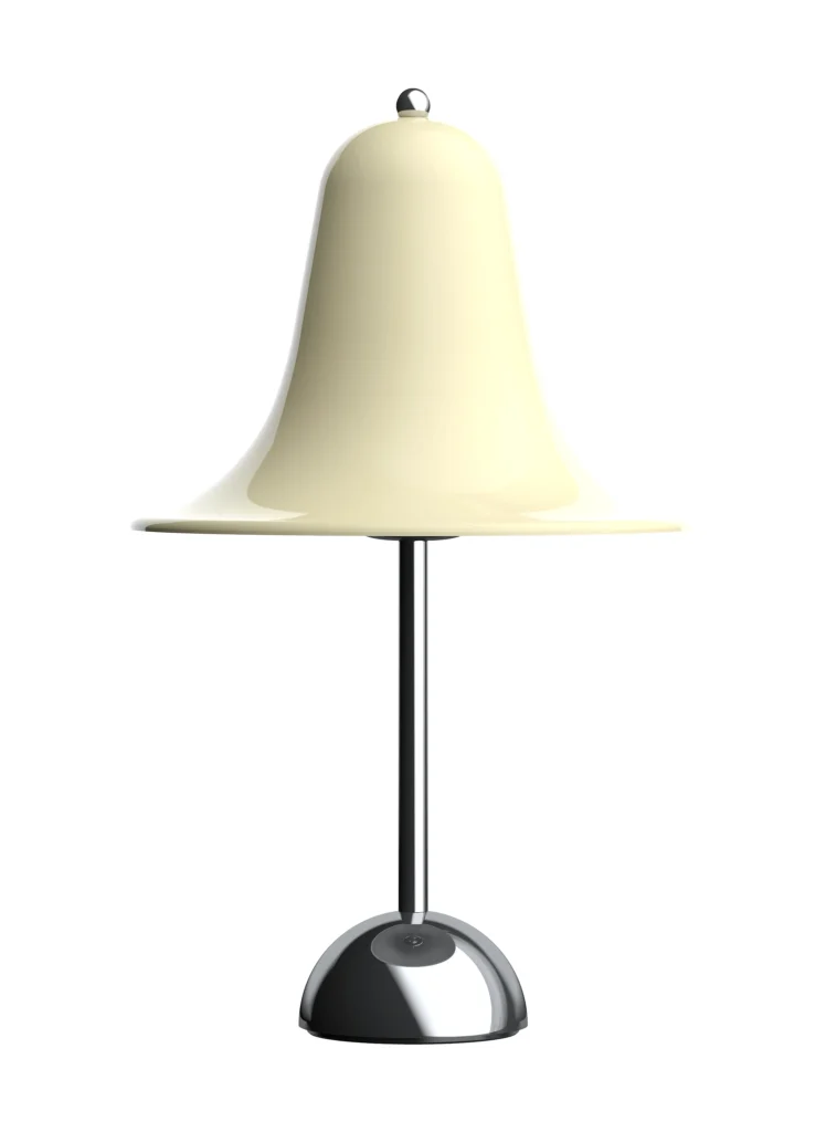 Verpan Pantop Portable in Creme mit glockenförmigem Schirm und verchromtem Fuß