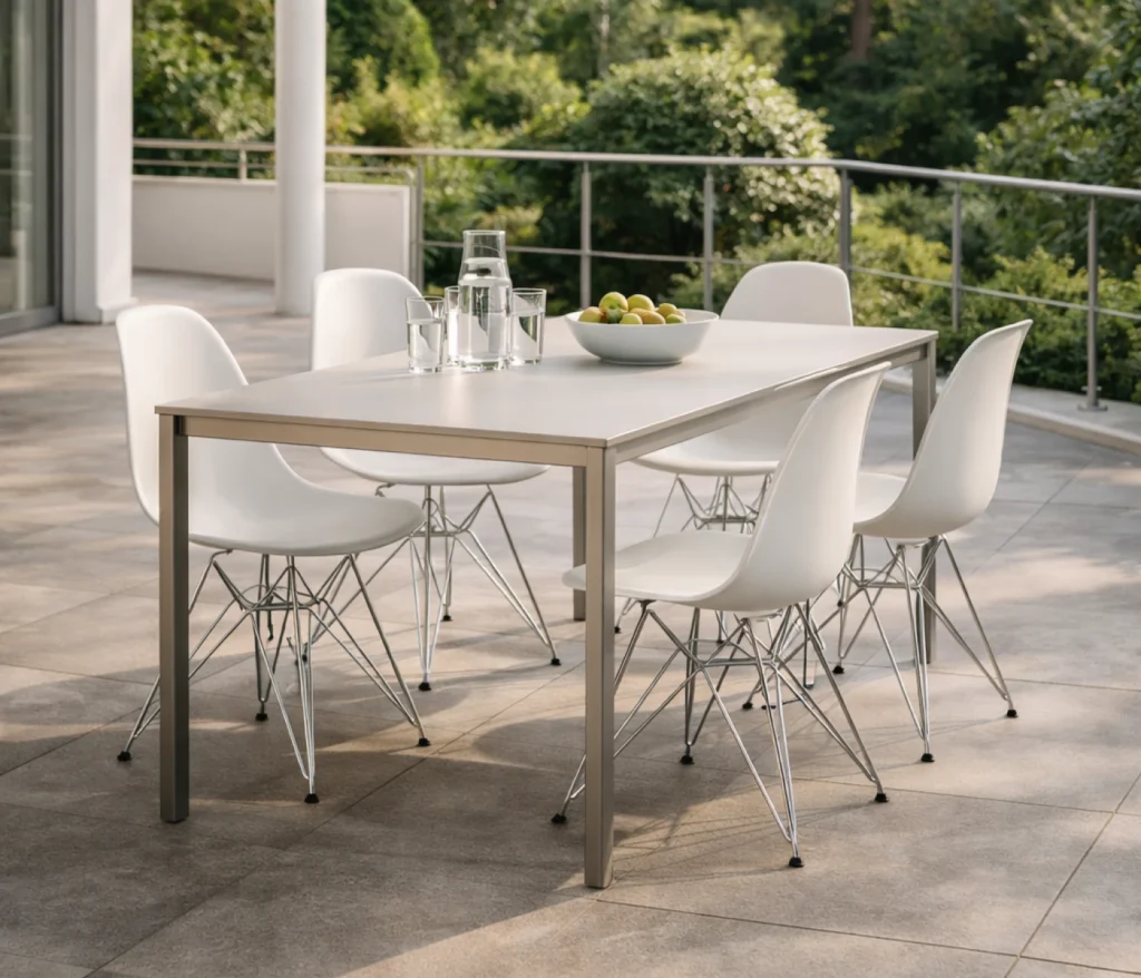 Vitra Eames Plastic Side Chair DSR Stühle am Esstisch auf der Terrasse