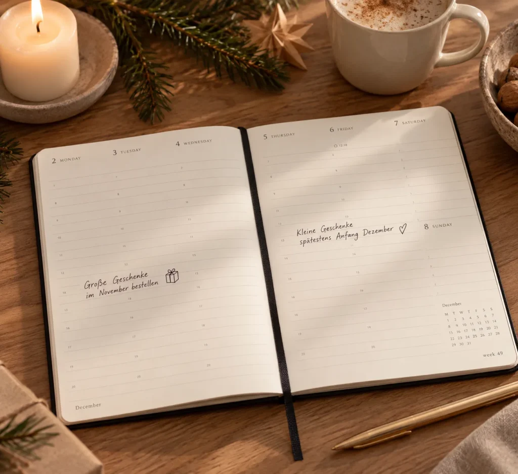 Aufgeschlagener Wochenkalender im Dezember mit den Notizen Große Geschenke im November bestellen und Kleine Geschenke spätestens Anfang Dezember