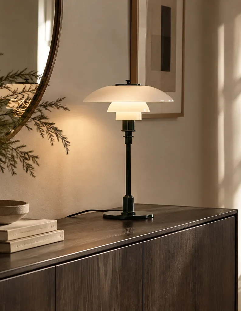 Louis Poulsen PH 2/1 Tischleuchte mit warmem Licht auf einem dunklen Sideboard neben einem runden Spiegel